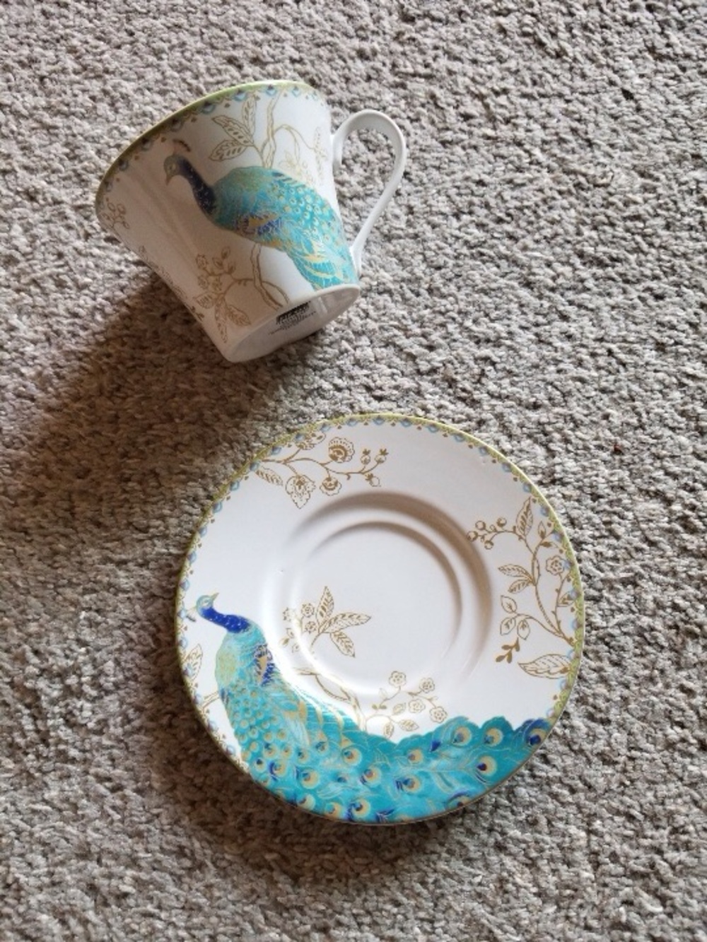 Blue Peacock Teacup and Saucer Set - Elegant Floral Accent